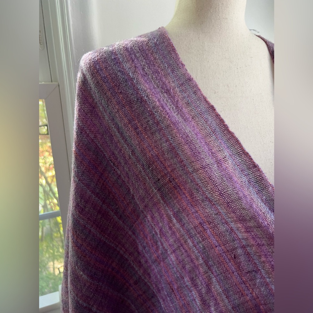 Wool Blend Burlap Gauzey Purple Toned Tasseled Fringe Hem Pullover Poncho/Kimono